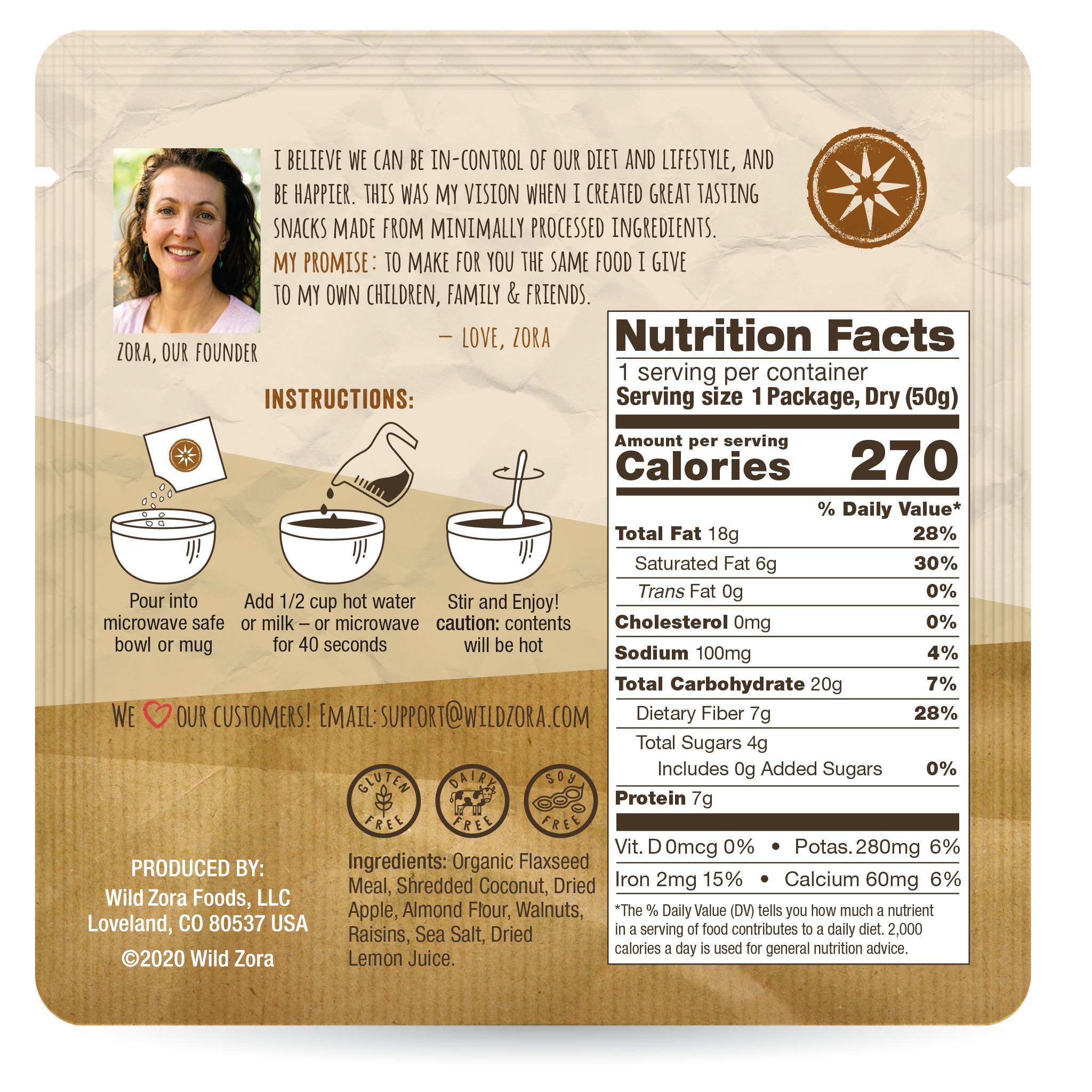 Wild Zora Original hot cereal nutrition facts and preparation directions.