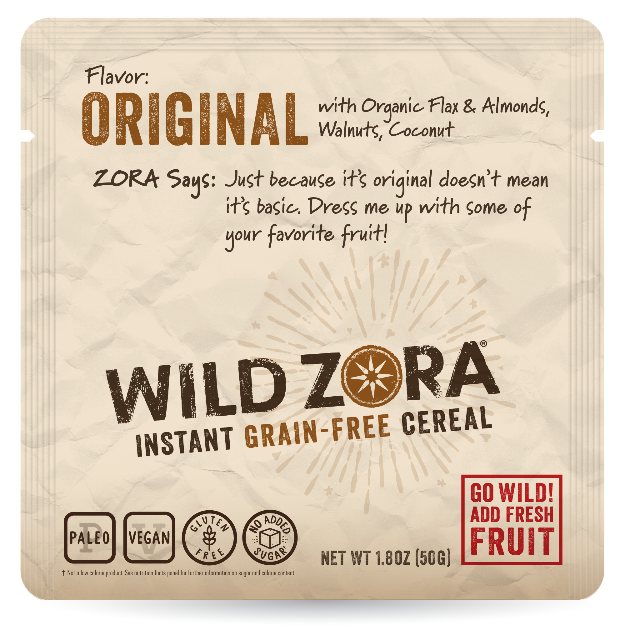 Wild Zora Original grain-free hot cereal 1.8 oz pouch front label gluten free cereal.