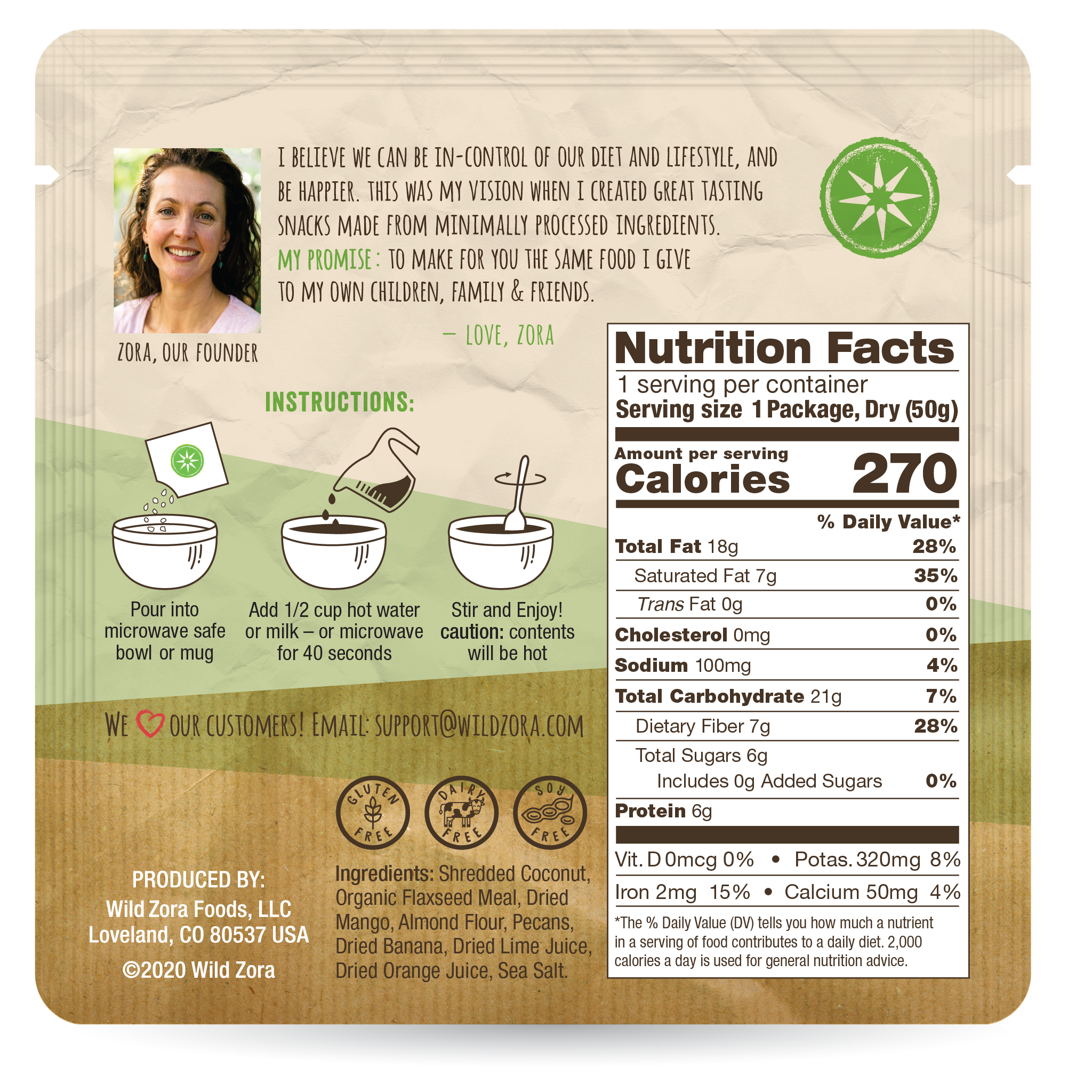 Wild Zora Tropical Tart hot cereal nutrition facts and prep instructions.