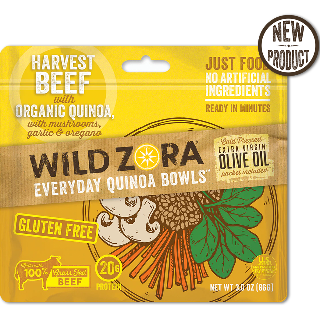 Wild Zora Harvest Beef Quinoa Meal 3 oz pouch front gluten free quinoa meal.