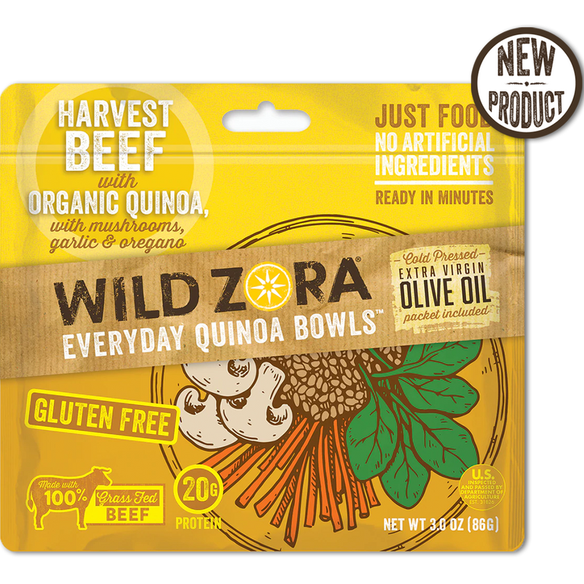 Wild Zora Harvest Beef Quinoa Meal 3 oz pouch front gluten free quinoa meal.