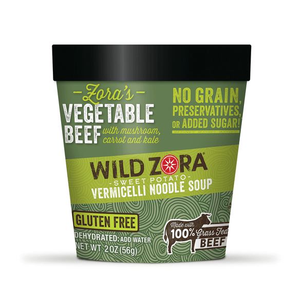 Wild Zora Vermicelli Vegetable Beef Noodle Soup 2 oz with grass-fed beef, mushrooms, carrots, and kale. Gluten-free and grain-free.