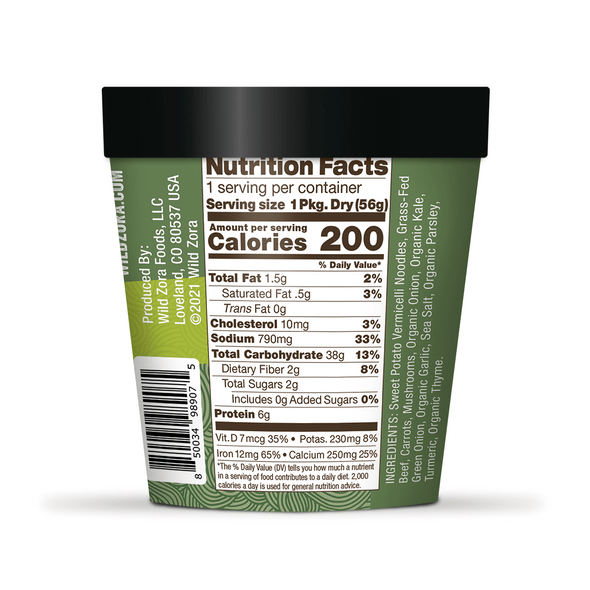 Back of Wild Zora Vegetable Vermicelli Vegetable Beef Noodle Soup 2 oz with nutrition facts, ingredients, and preparation details.