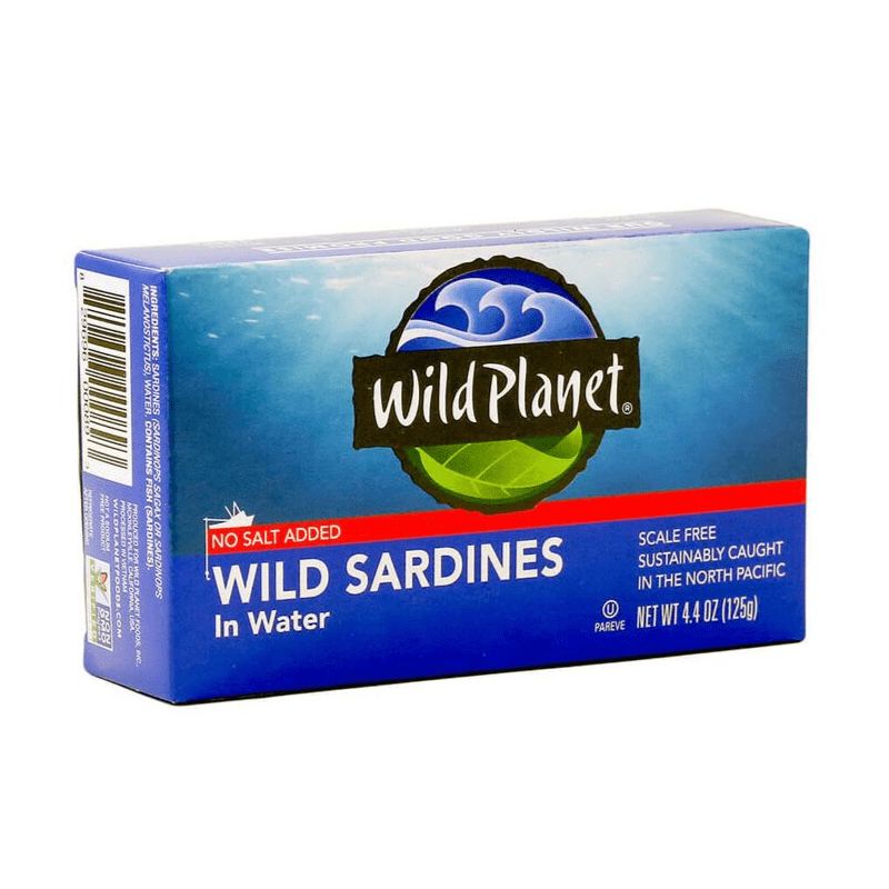 Wild Planet Sardines in Water No Salt Added 4.4 oz can front label wild caught sardines.