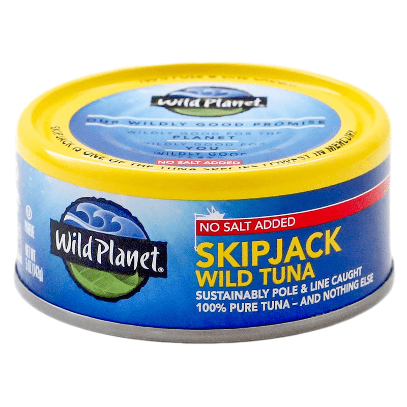 Wild Planet Skipjack Wild Tuna No Salt 5-oz can front label wild caught tuna.
