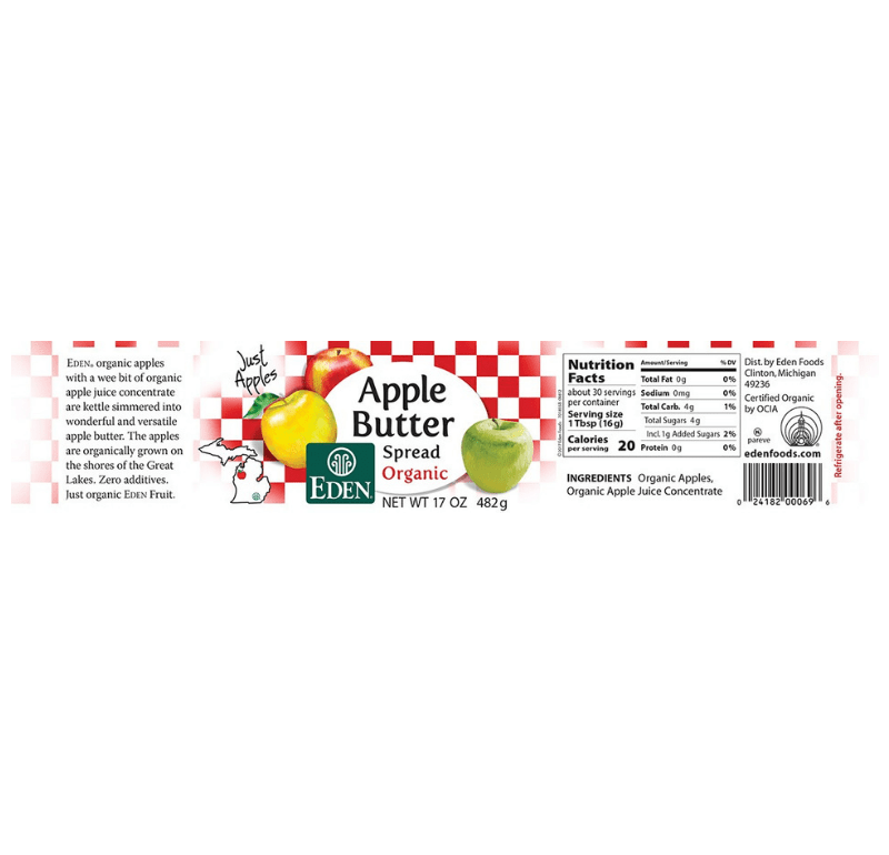 Eden Foods Organic Organic apple butter nutrition facts and ingredient list panel.