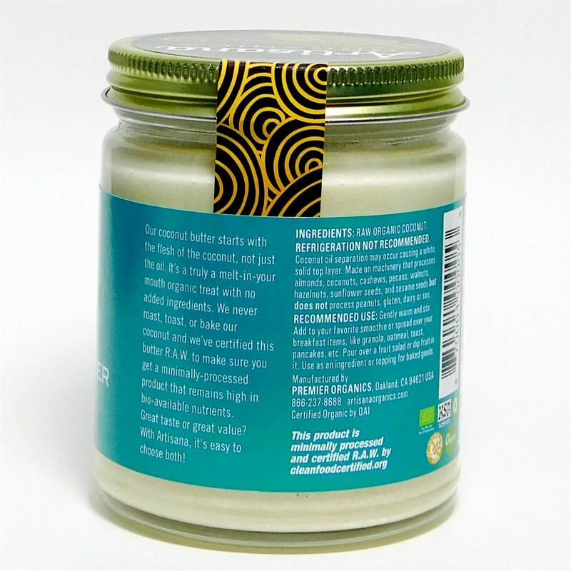Artisana raw coconut butter ingredients lists.