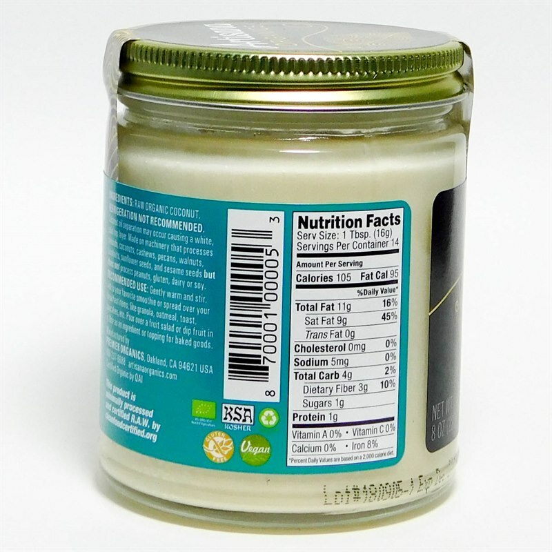 Artisana raw coconut butter nutrition facts label.