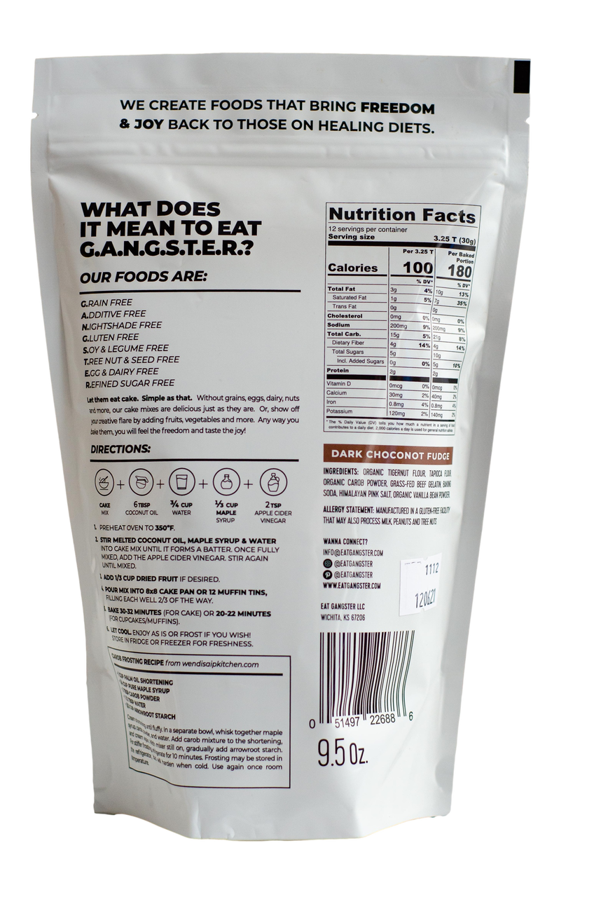 EAT G.A.N.G.S.T.E.R Gluten free cake mix nutrition facts and baking directions panel.