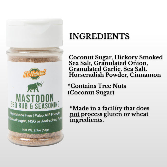 KC Natural Mastodon Rub BBQ seasoning ingredient list panel.