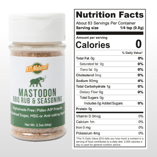 KC Natural Mastodon Rub BBQ seasoning nutrition facts panel.