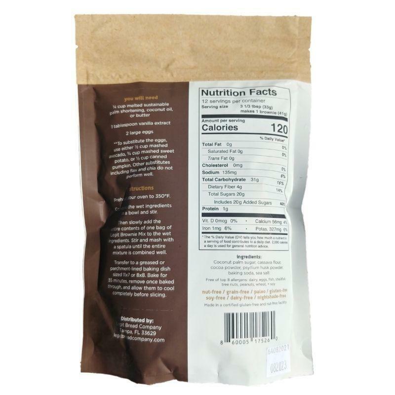 Legit Bread Brownie Mix gluten free brownie mix baking directions, ingredients and nutrition facts panel.