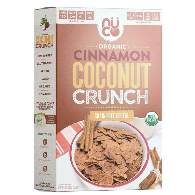Nuco Cinnamon Coconut Crunch cereal 10.58-oz bag front label cinnamon cereal.