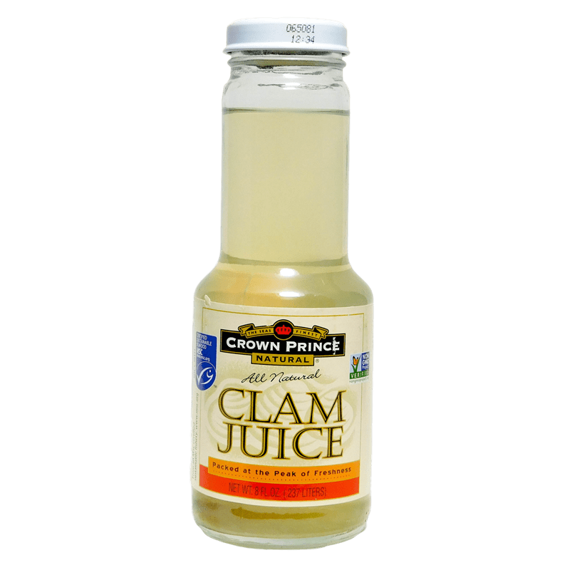 Crown Prince clam juice 8-oz bottle clam juice drink front label.