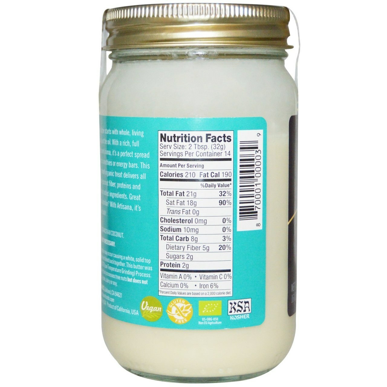 Artisana raw coconut butter nutrition facts panel.