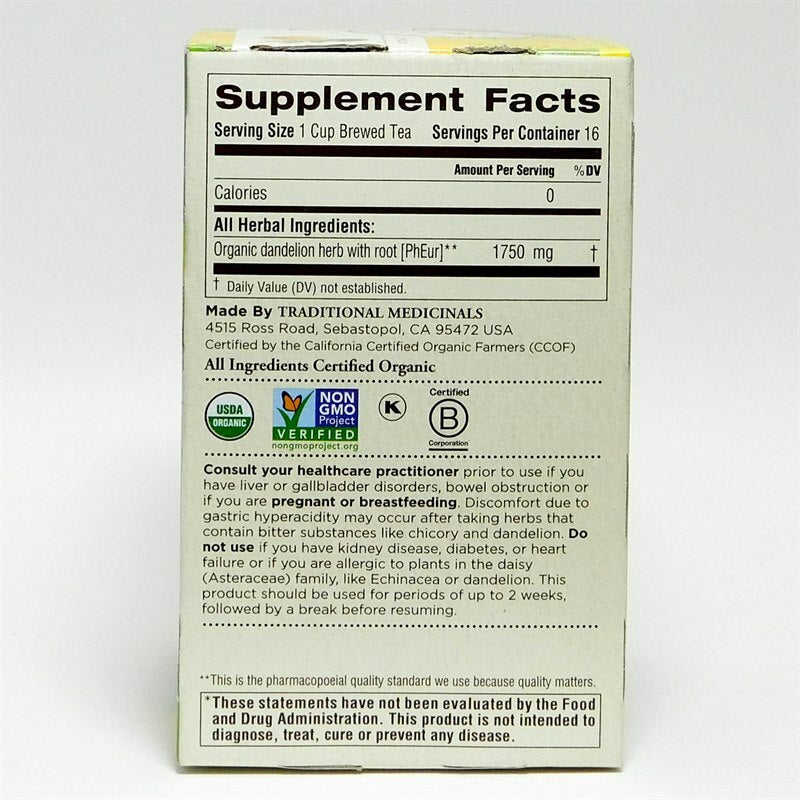 Traditional Medicinals Dandelion Leaf & Root Tea 16-bag supplement facts panel.