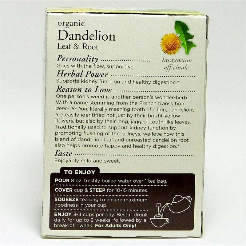 Dandelion Leaf & Root Tea ingredients list and brewing directions.