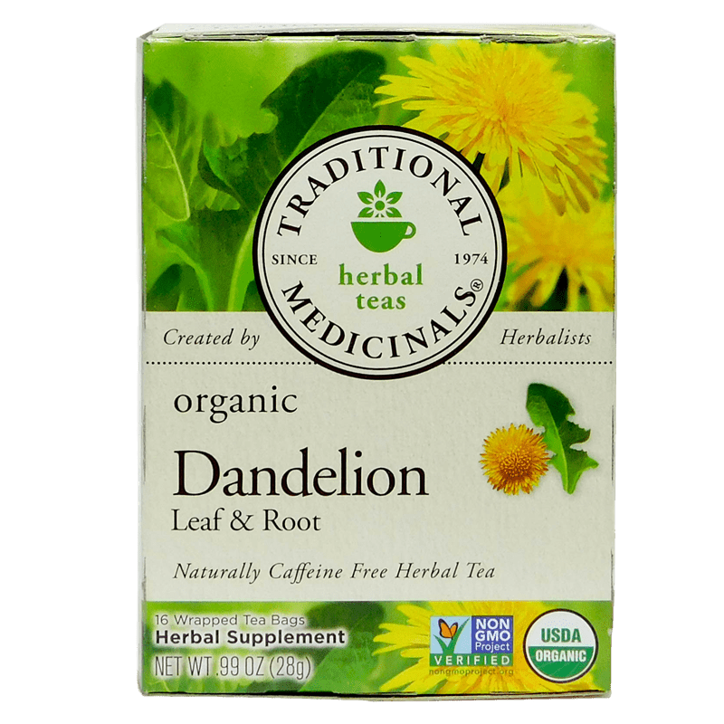 Traditional Medicinals Dandelion Leaf & Root Tea 16-bag box front label.