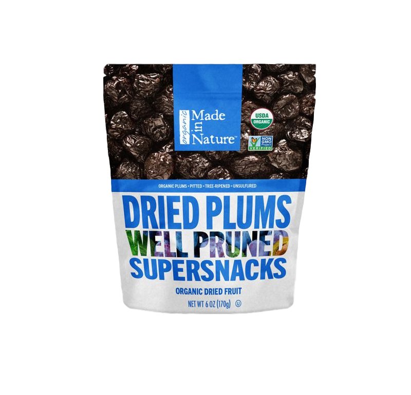 Made in Nature Organic Dried Plums 6-oz pouch organic dried plums snack front.