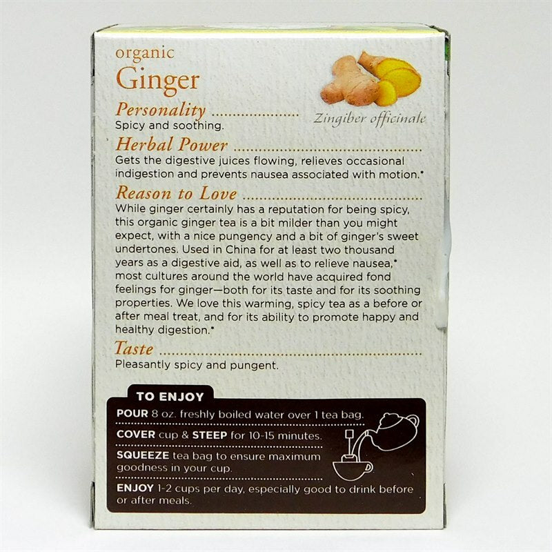 Traditional Medicinals Ginger Tea brewing directions and ingredient list tea for nausea.