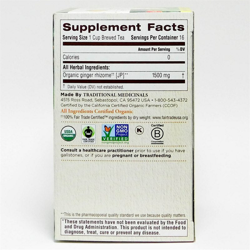 Traditional Medicinals Ginger Tea supplement facts panel.