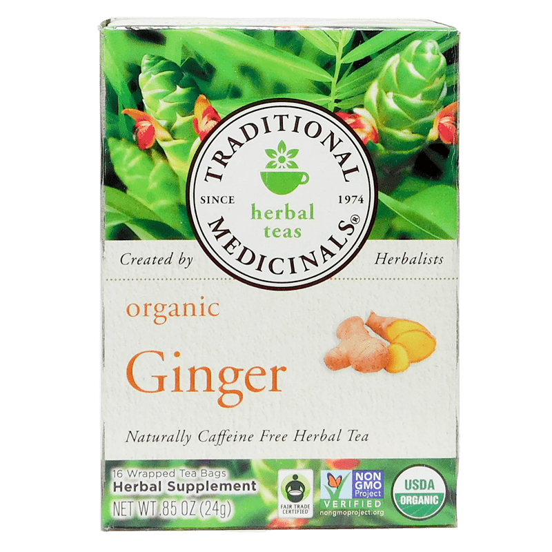 Traditional Medicinals Organic Ginger Tea 16-bag box front label tea for nausea.