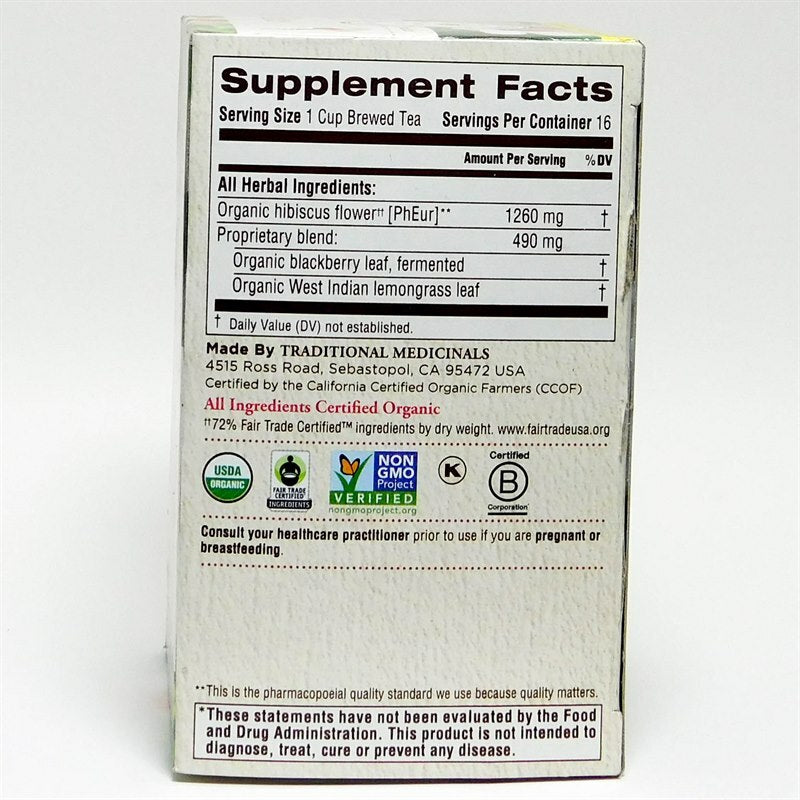 Traditional Medicinals Hibiscus Tea supplement facts.