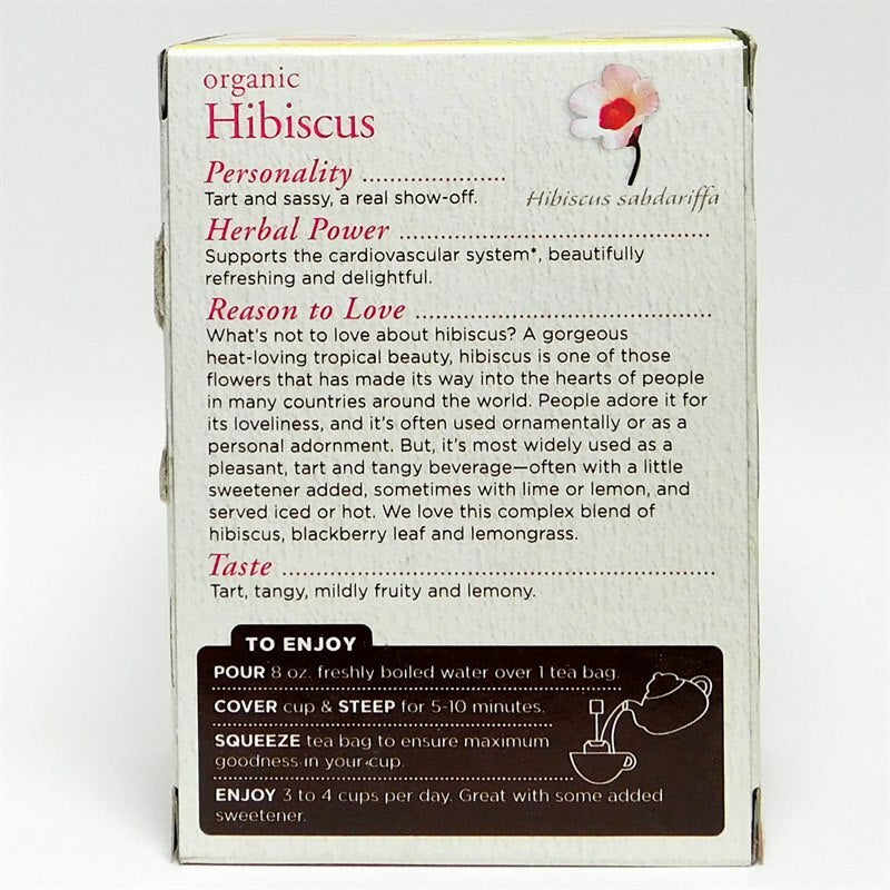Traditional Medicinals Hibiscus Tea nutrition and brewing panel hibiscus tea bags.