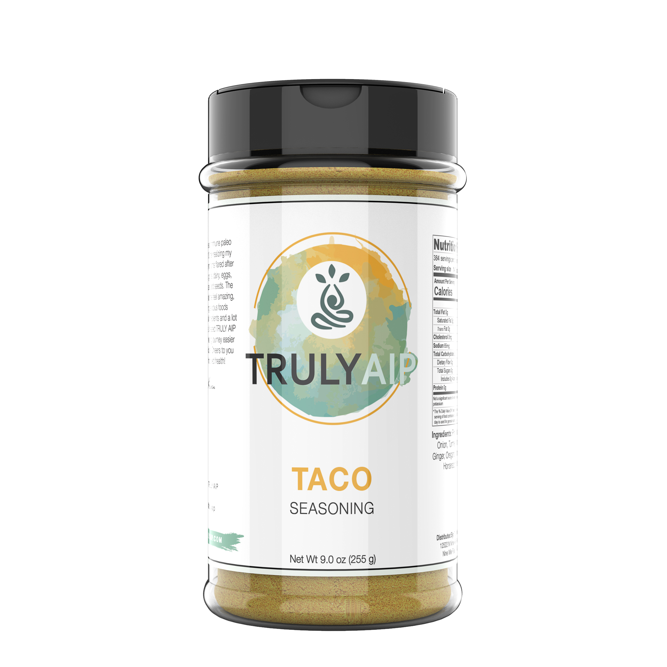Truly AIP Taco Seasoning 9-oz jar front label gluten free taco seasoning.