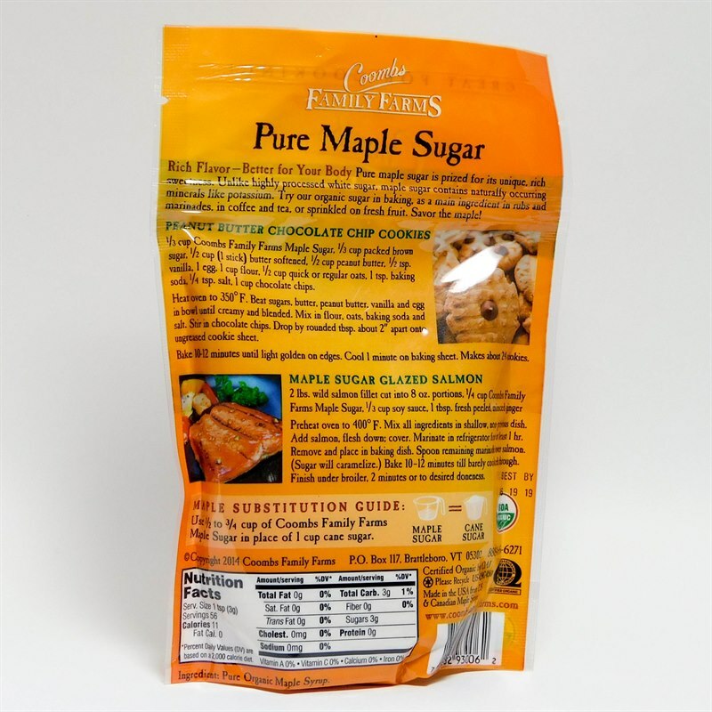 Coombs Family Farms Organic maple sugar nutrition facts and usage suggestions.