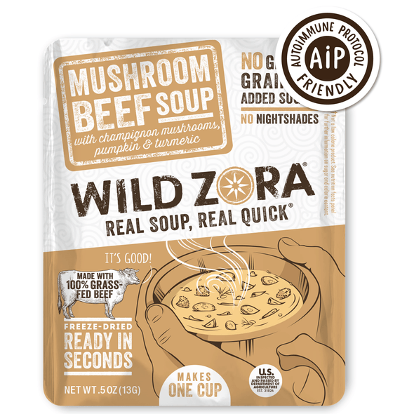 Wild Zora Mushroom Beef Instant Soup 0.5 oz pouch front label gluten free soup.