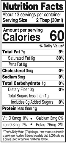 Organic coconut cream nutrition facts panel.