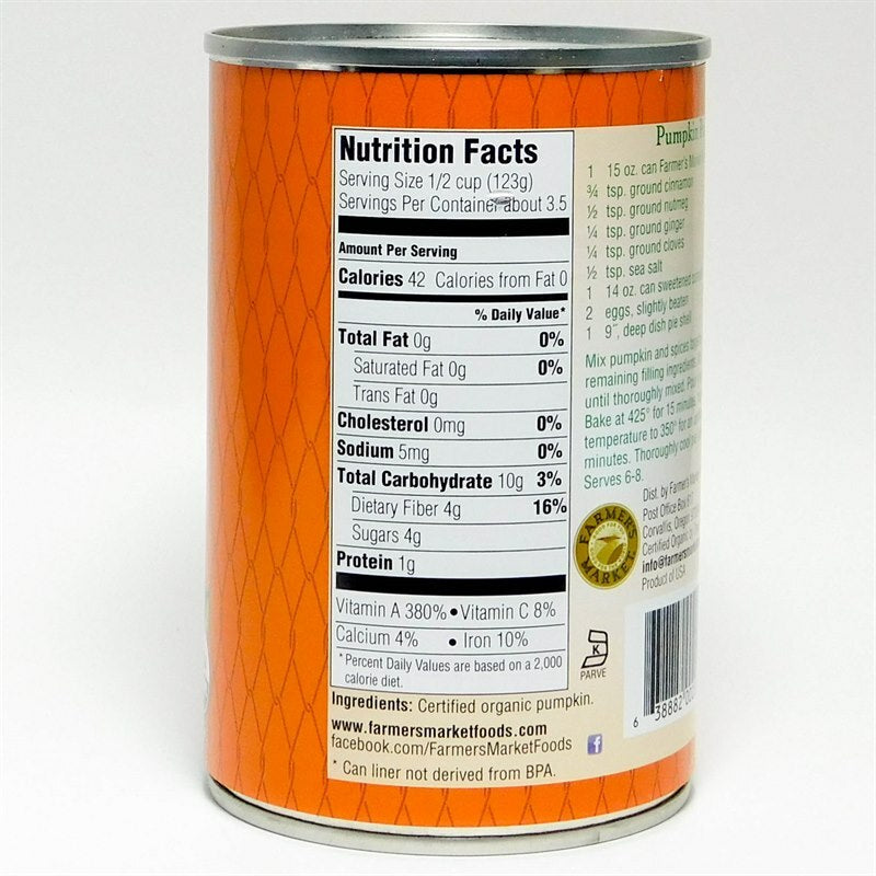 Farmer's Market Organic Pumpkin purée nutrition facts panel.