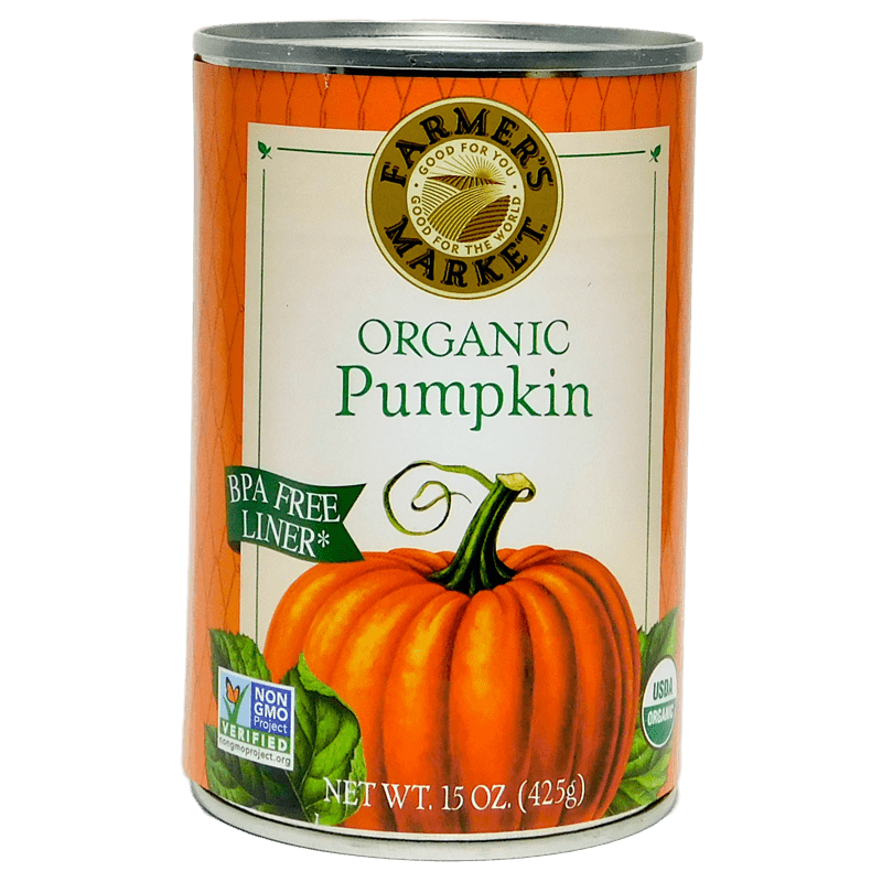Farmer's Market Organic Pumpkin purée 15-oz canned pumpkin front label.