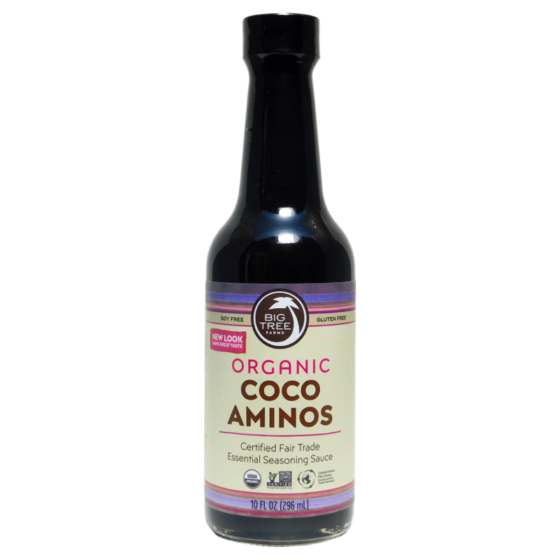 Big Tree Farms Organic Coco Aminos 10-oz bottle, savory coco aminos seasoning.