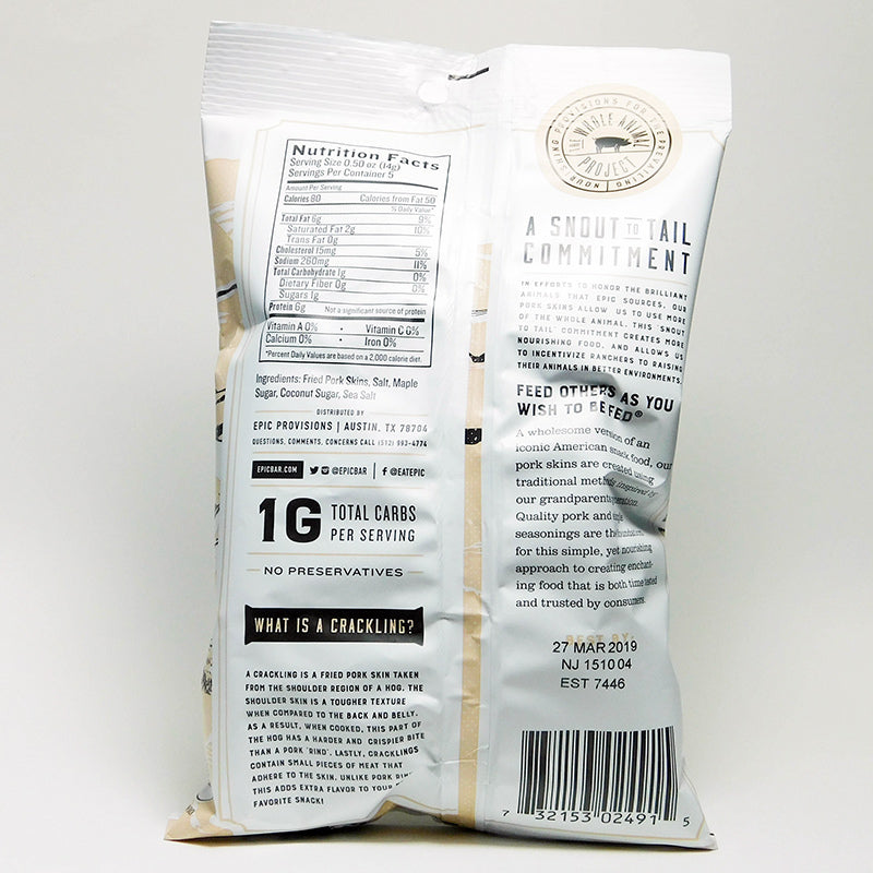 EPIC Maple Bacon Pork Cracklings nutrition facts and ingredient list.