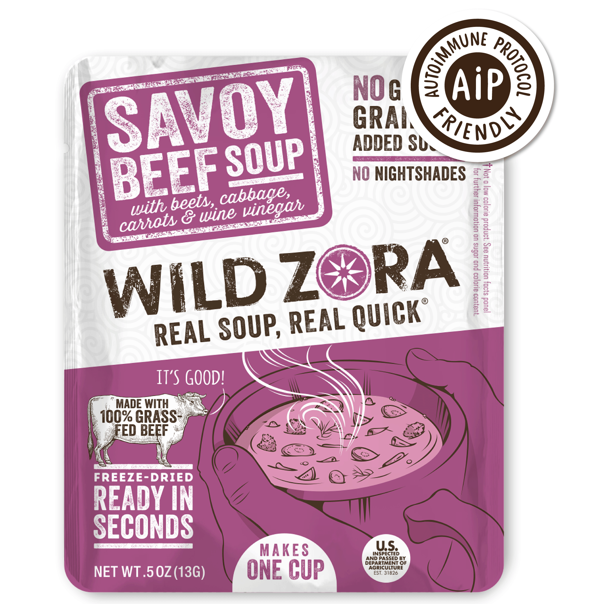 Wild Zora Savoy Beef Beets & Cabbage Instant Soup 0.5 oz pouch front beef and vegetable soup.