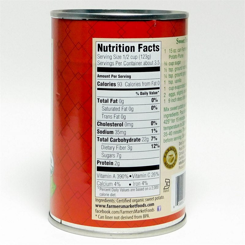 Farmer's Market Organic Sweet Potato purée nutrition facts panel.