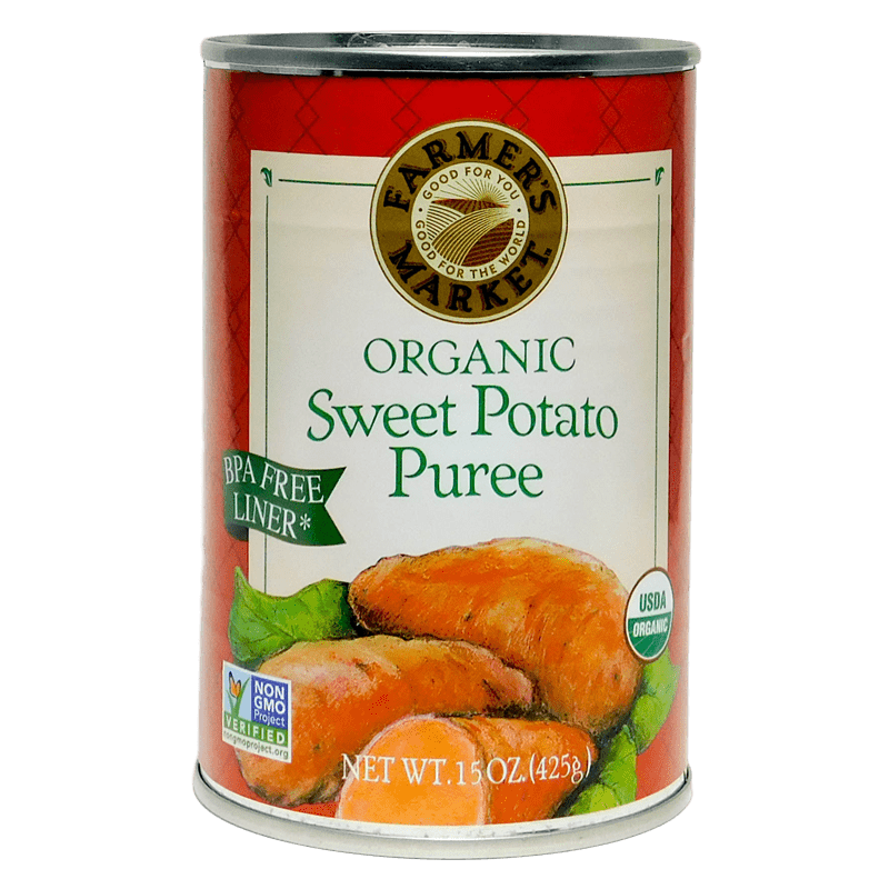 Farmer's Market Organic Sweet Potato purée 15-oz canned sweet potato front label.