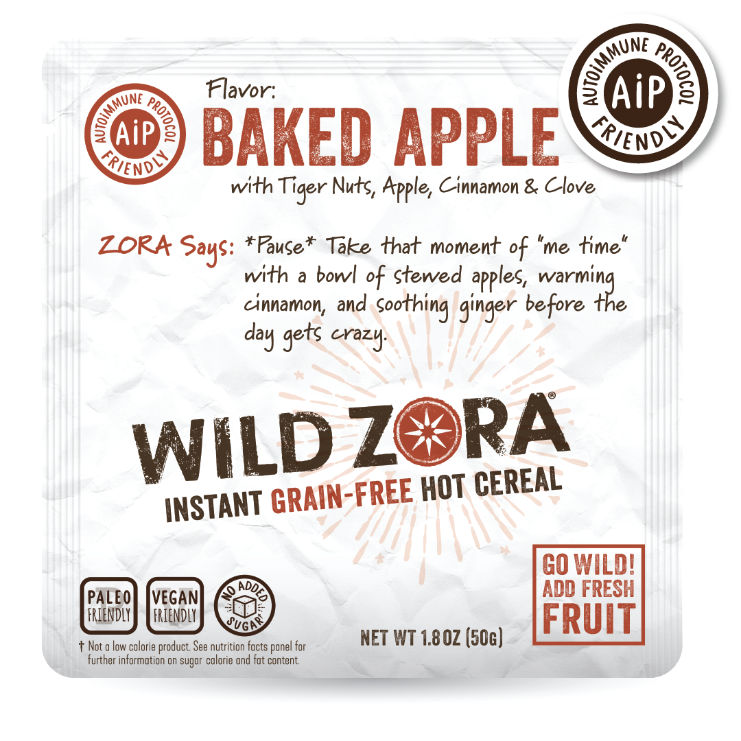 Front of Wild Zora Instant Grain-Free Hot Cereal Baked Apple 1.8 oz with tiger nuts, apple, cinnamon, and clove. AIP-friendly.