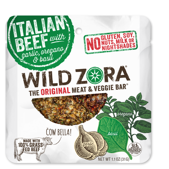 Wild Zora Meat & Veggie Bar Italian Beef 1.1 oz with garlic, oregano, and basil. Made with 100% grass-fed beef.